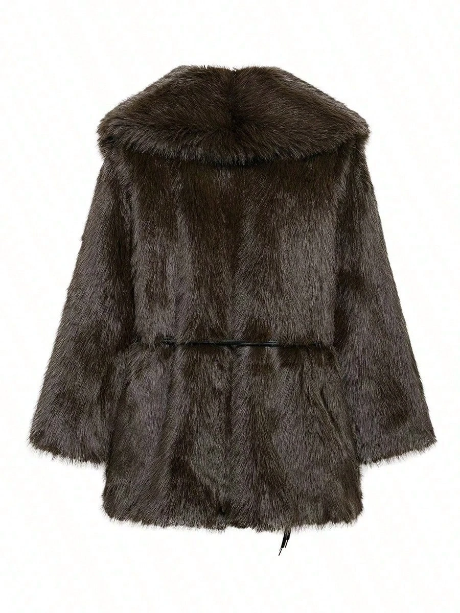 Women Winter Faux Fur Coat Fluffy Warm Long Belted Dark Brown 2026 New Elegant Old Money Luxury Outerwear
