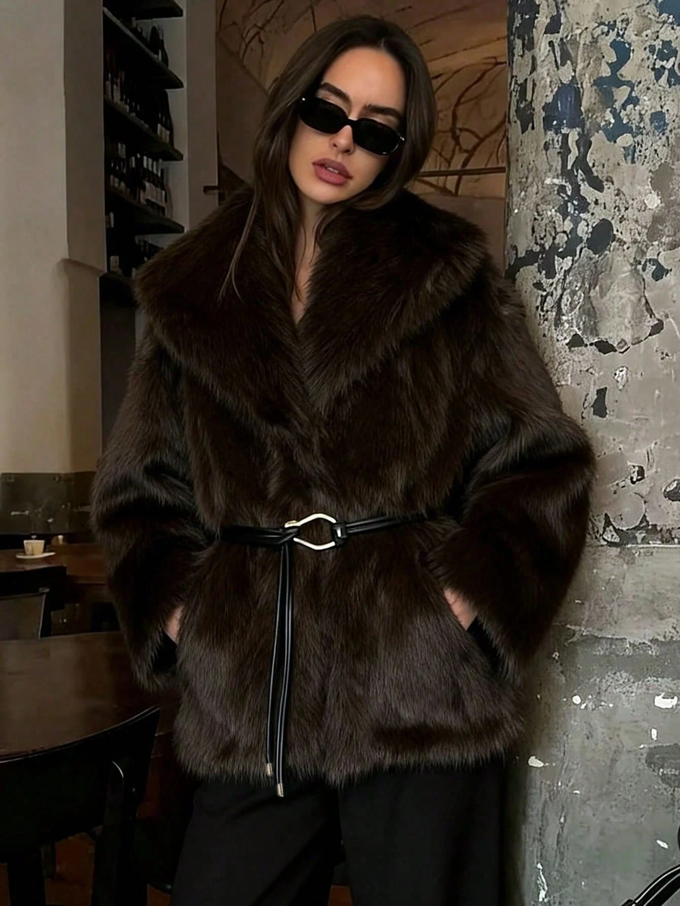 Women Winter Faux Fur Coat Fluffy Warm Long Belted Dark Brown 2026 New Elegant Old Money Luxury Outerwear