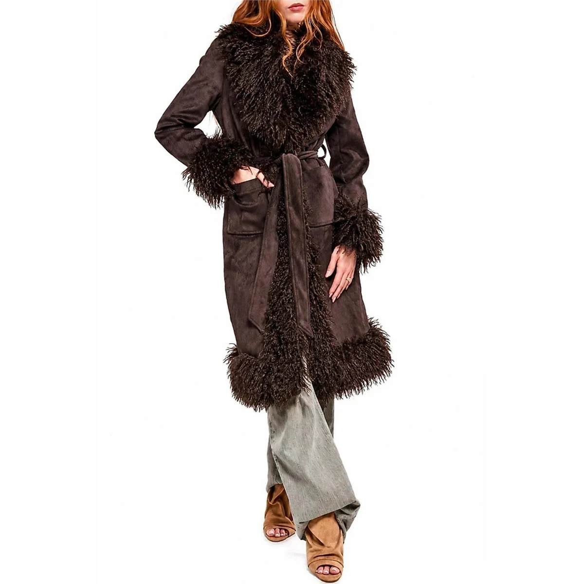 Women's Faux Suede Long Coat Belted Shaggy Faux Fur Trim Winter Warm Boho Vintage Outerwear Trendy Fashion