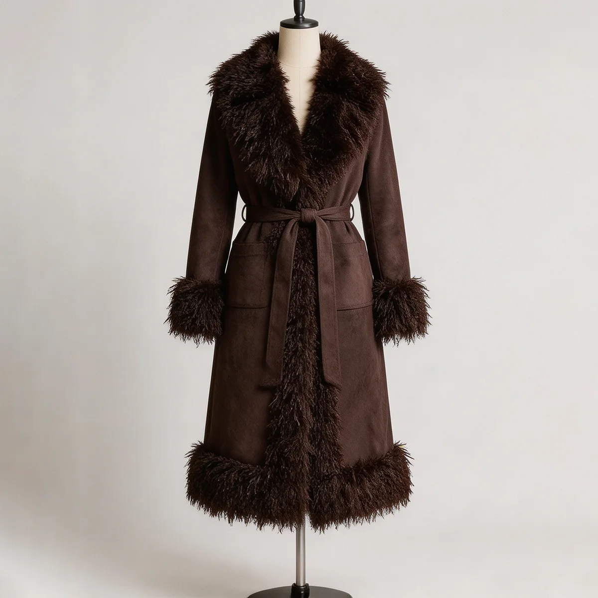 Women's Faux Suede Long Coat Belted Shaggy Faux Fur Trim Winter Warm Boho Vintage Outerwear Trendy Fashion