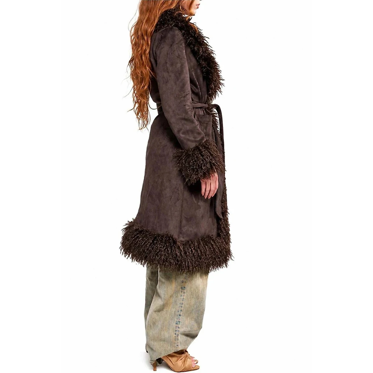 Women's Faux Suede Long Coat Belted Shaggy Faux Fur Trim Winter Warm Boho Vintage Outerwear Trendy Fashion