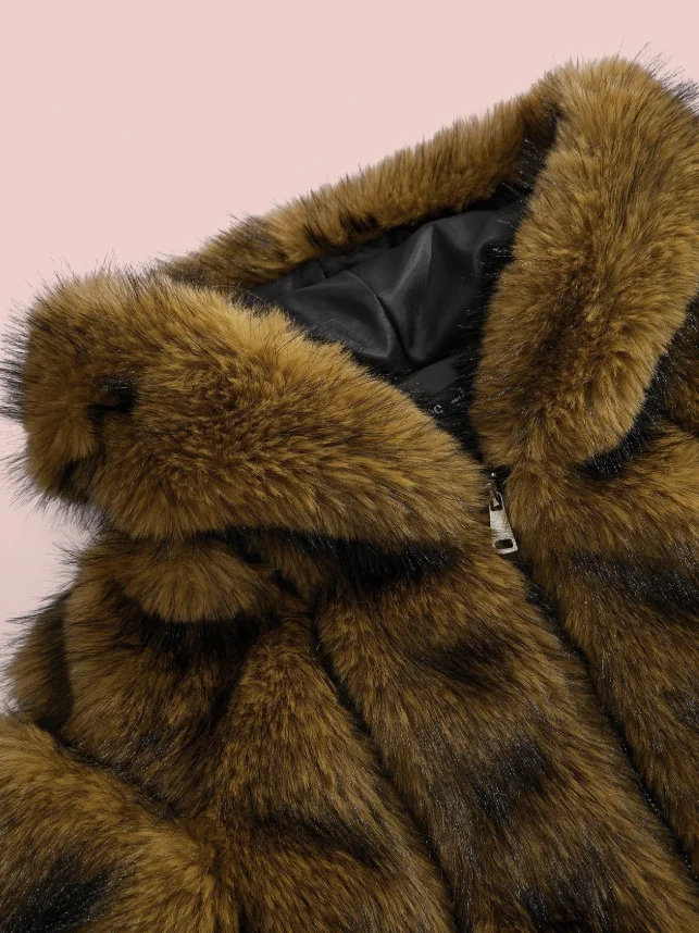 Women Winter Faux Fur Coat Cropped Striped Brown Fluffy Zipper Luxury 2026 New Mob Wife Party Warm Outerwear