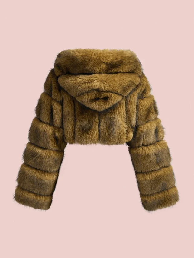 Women Winter Faux Fur Coat Cropped Striped Brown Fluffy Zipper Luxury 2026 New Mob Wife Party Warm Outerwear
