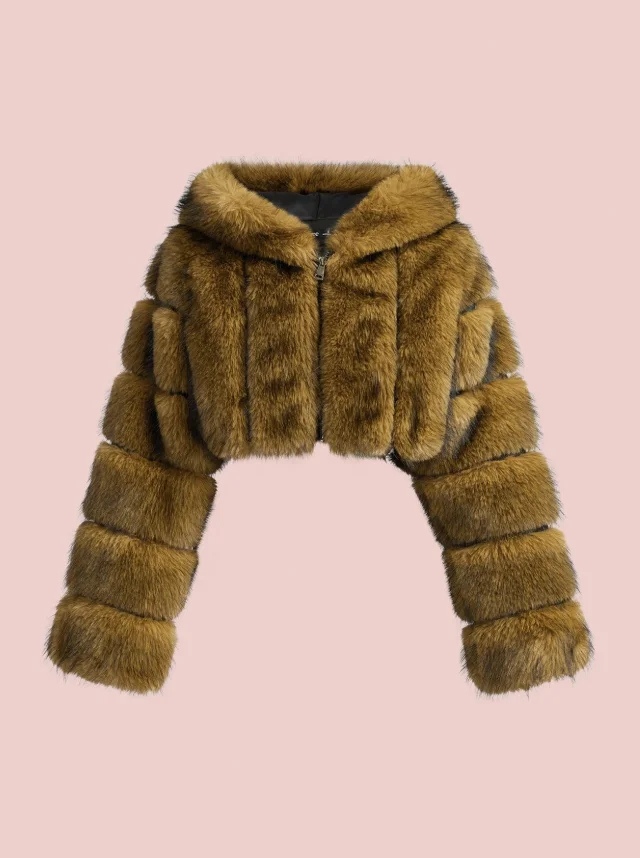 Women Winter Faux Fur Coat Cropped Striped Brown Fluffy Zipper Luxury 2026 New Mob Wife Party Warm Outerwear