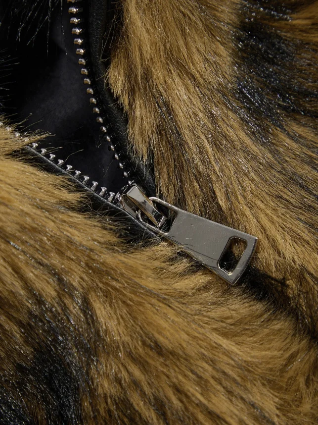 Women Winter Faux Fur Coat Cropped Striped Brown Fluffy Zipper Luxury 2026 New Mob Wife Party Warm Outerwear