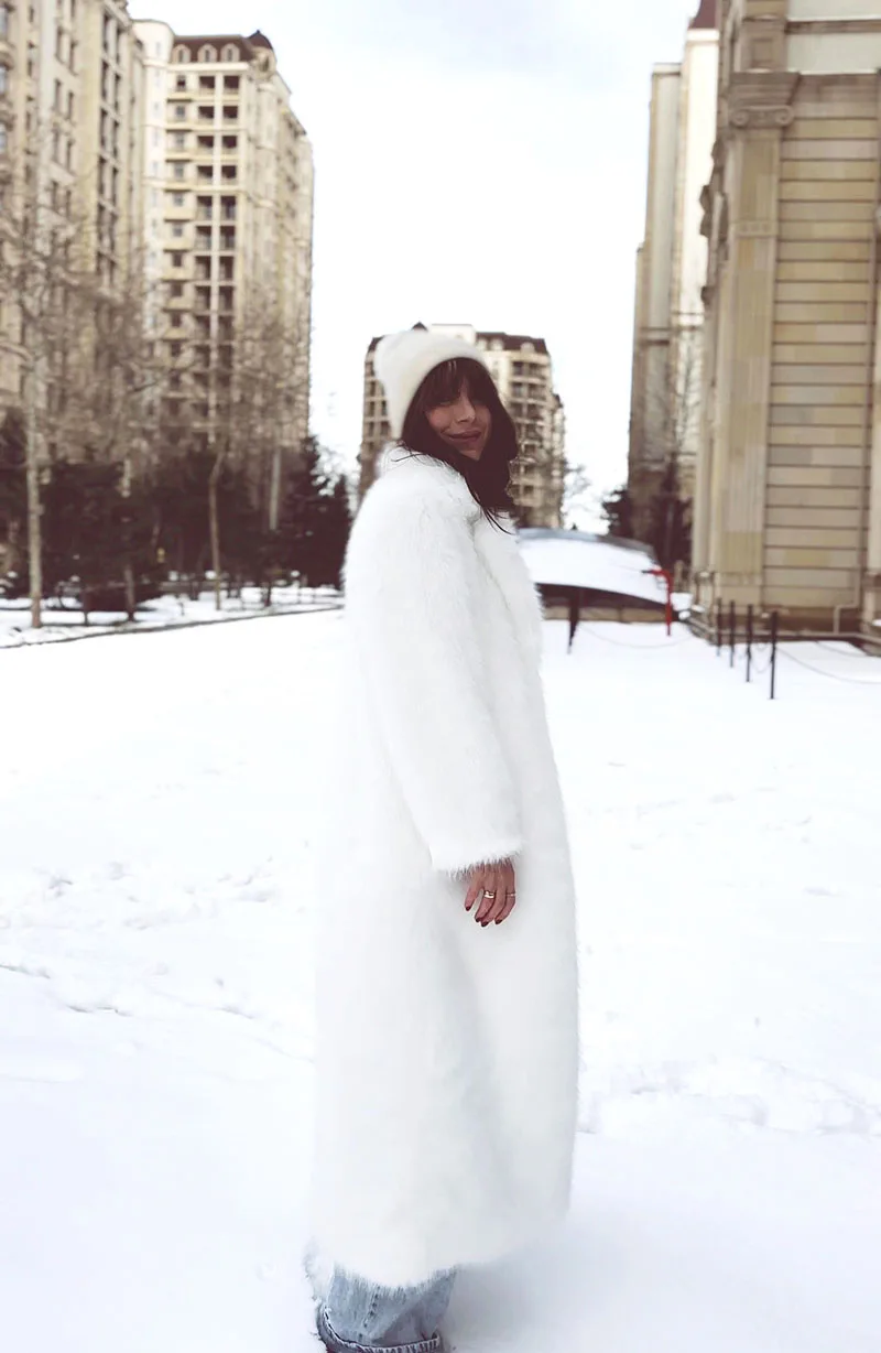 ZADORIN 130cm Super Long Fluffy Faux Fur Coat Woman Jacket Winter Lapel Thicken White Faux Fur Coats Jacket for Women Outerwears