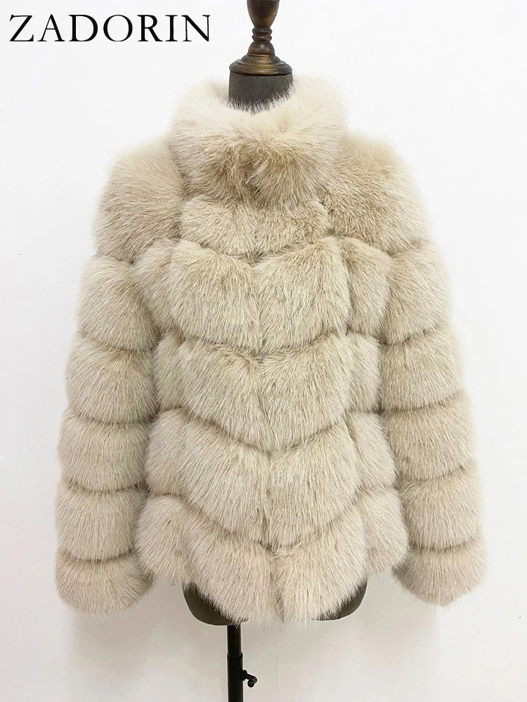 ZADORIN Winter Fur Coats Women Stand Collar Splicing Long Sleeve Fluffy Faux Fur Coat Luxury Thick Warm Fur Jacket Chic Overcoat