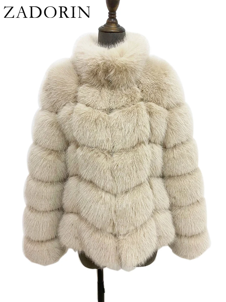 ZADORIN Winter Fur Coats Women Stand Collar Splicing Long Sleeve Fluffy Faux Fur Coat Luxury Thick Warm Fur Jacket Chic Overcoat