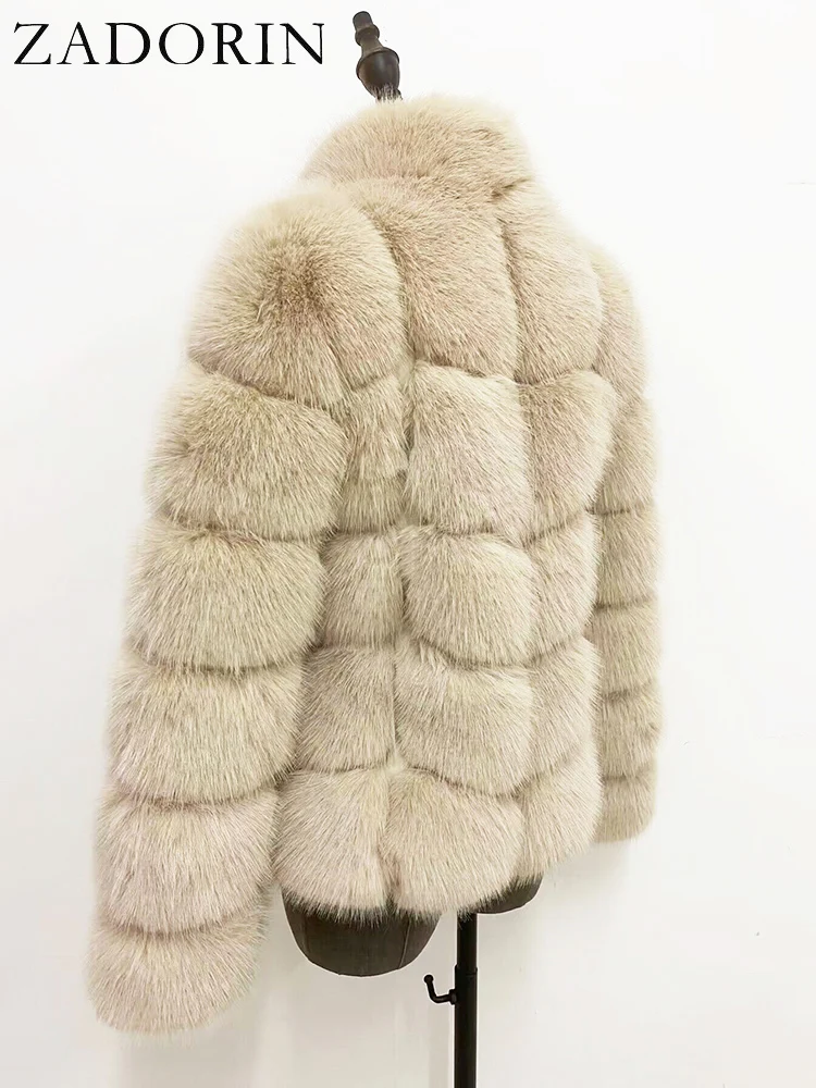 ZADORIN Winter Fur Coats Women Stand Collar Splicing Long Sleeve Fluffy Faux Fur Coat Luxury Thick Warm Fur Jacket Chic Overcoat
