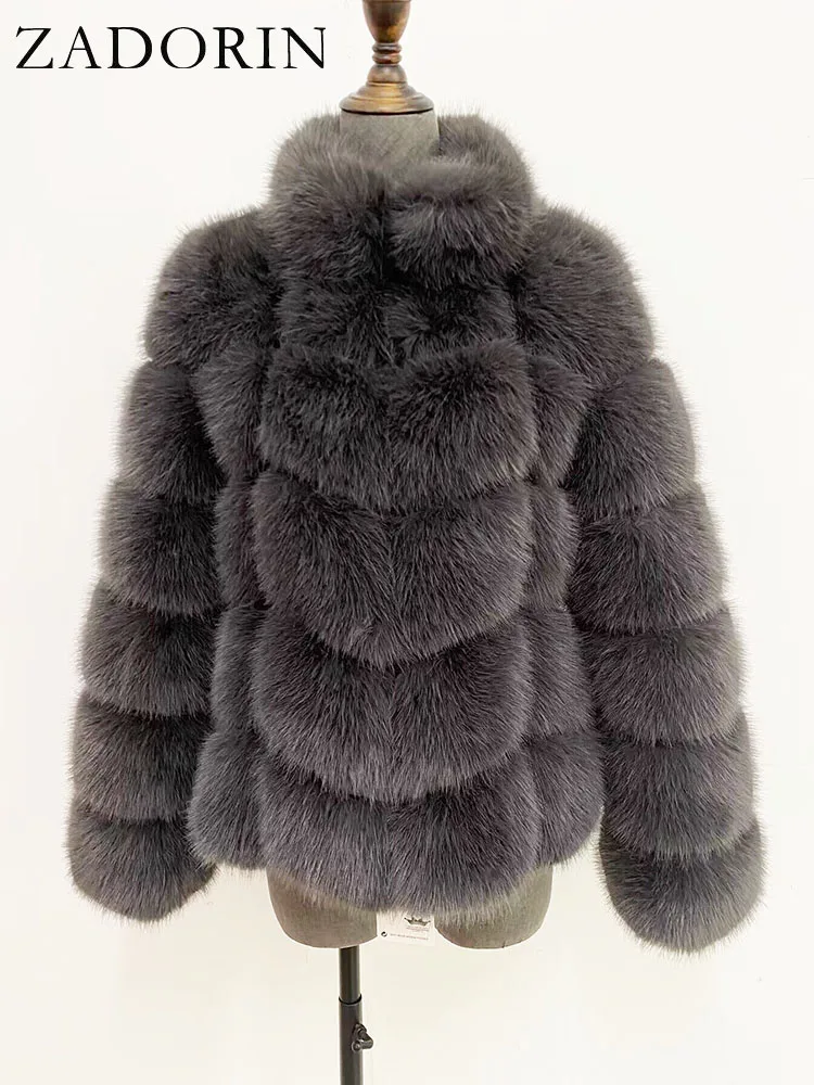 ZADORIN Winter Fur Coats Women Stand Collar Splicing Long Sleeve Fluffy Faux Fur Coat Luxury Thick Warm Fur Jacket Chic Overcoat