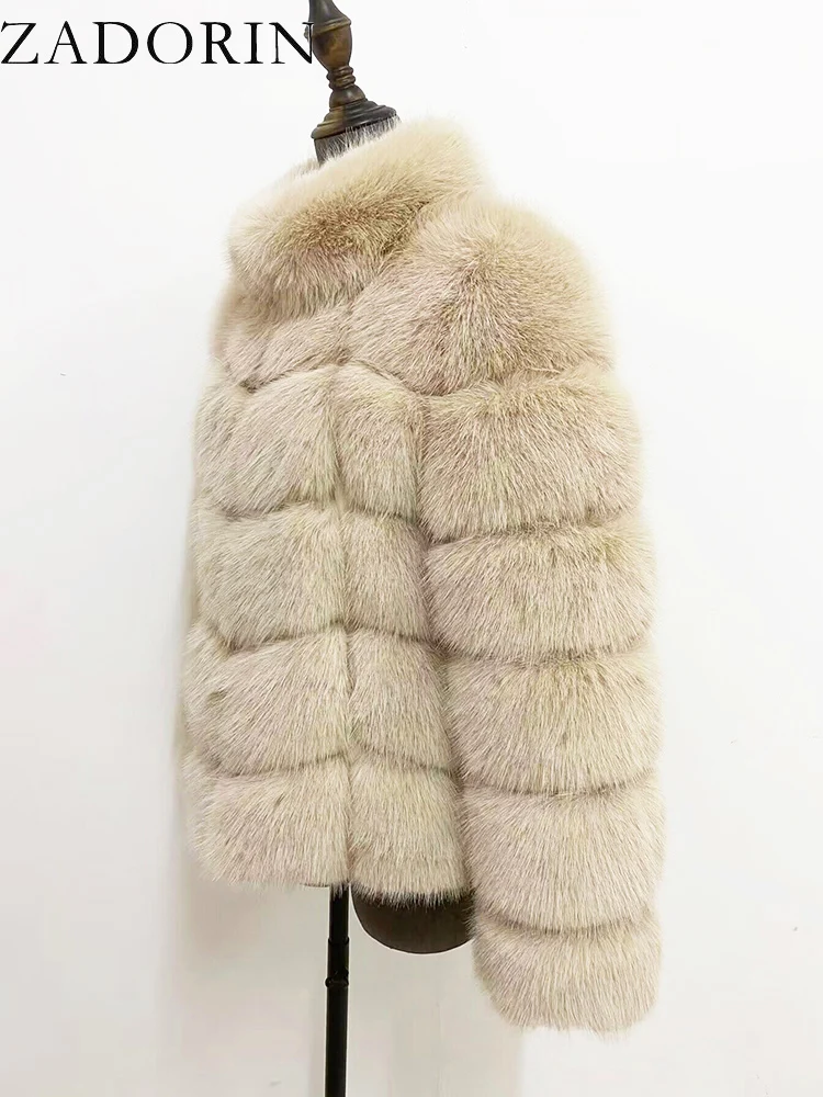ZADORIN Winter Fur Coats Women Stand Collar Splicing Long Sleeve Fluffy Faux Fur Coat Luxury Thick Warm Fur Jacket Chic Overcoat