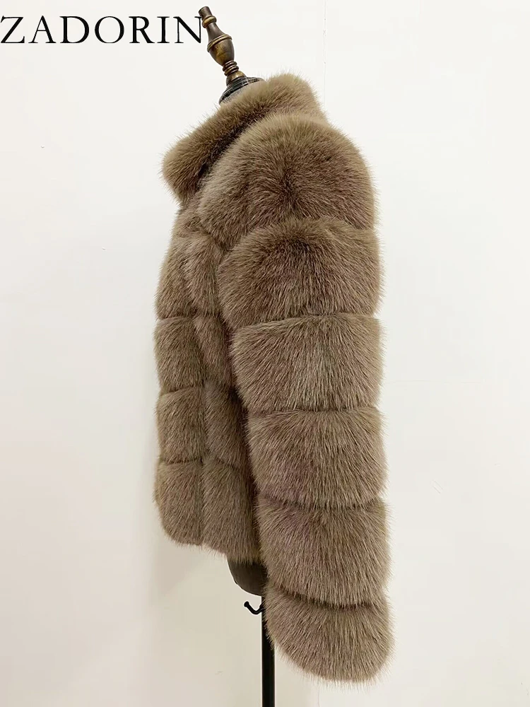 ZADORIN Winter Fur Coats Women Stand Collar Splicing Long Sleeve Fluffy Faux Fur Coat Luxury Thick Warm Fur Jacket Chic Overcoat