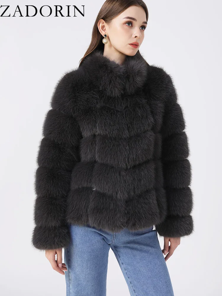 ZADORIN Winter Fur Coats Women Stand Collar Splicing Long Sleeve Fluffy Faux Fur Coat Luxury Thick Warm Fur Jacket Chic Overcoat