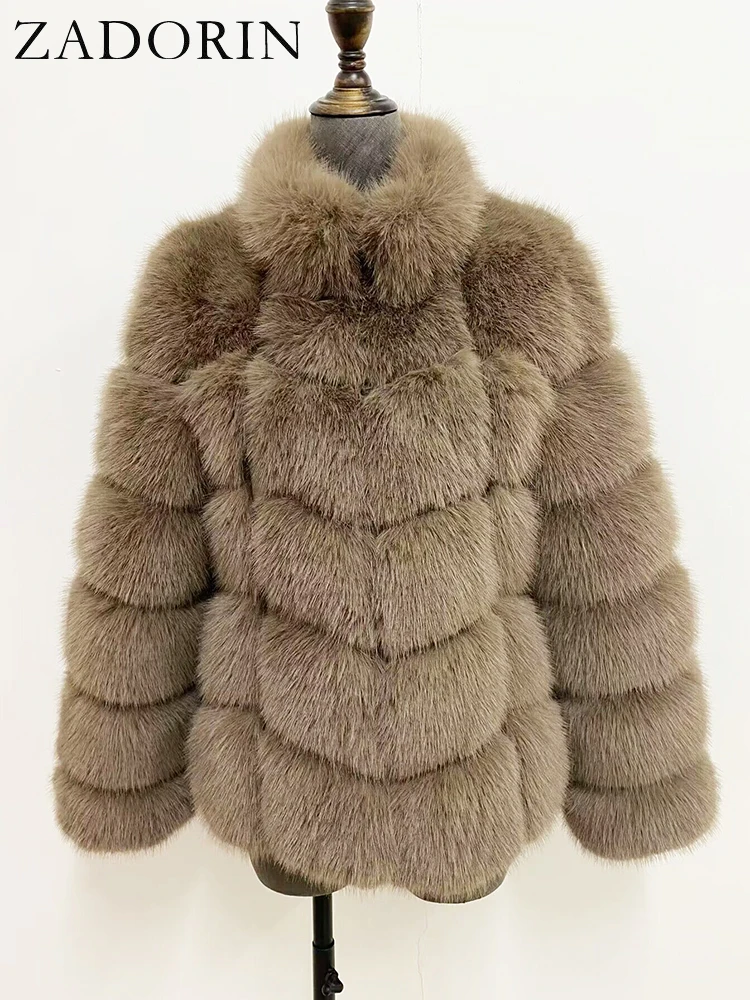 ZADORIN Winter Fur Coats Women Stand Collar Splicing Long Sleeve Fluffy Faux Fur Coat Luxury Thick Warm Fur Jacket Chic Overcoat