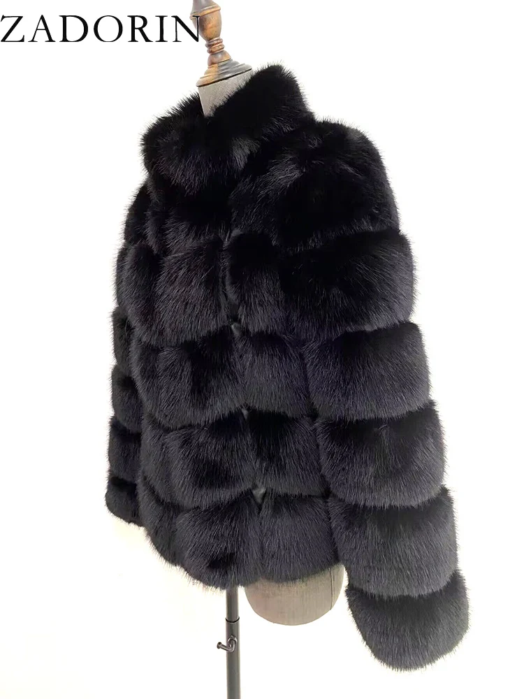 ZADORIN Winter Fur Coats Women Stand Collar Splicing Long Sleeve Fluffy Faux Fur Coat Luxury Thick Warm Fur Jacket Chic Overcoat