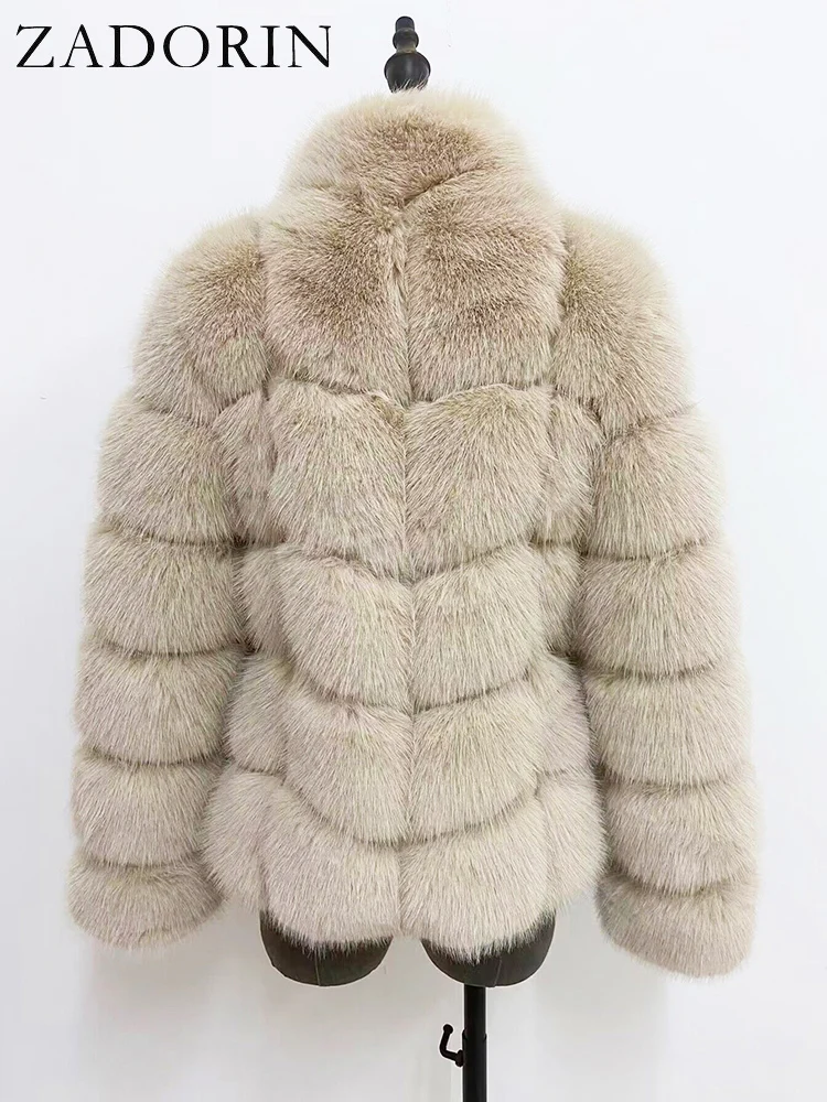 ZADORIN Winter Fur Coats Women Stand Collar Splicing Long Sleeve Fluffy Faux Fur Coat Luxury Thick Warm Fur Jacket Chic Overcoat