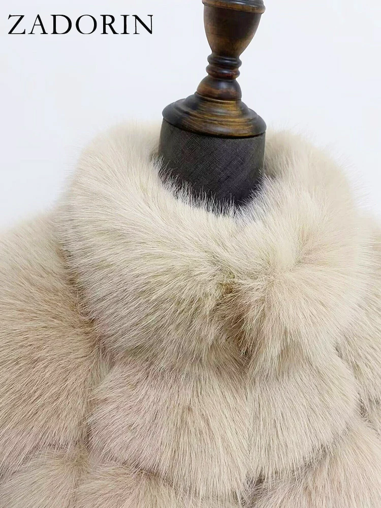 ZADORIN Winter Fur Coats Women Stand Collar Splicing Long Sleeve Fluffy Faux Fur Coat Luxury Thick Warm Fur Jacket Chic Overcoat