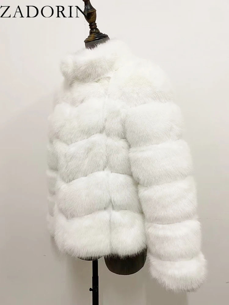 ZADORIN Winter Fur Coats Women Stand Collar Splicing Long Sleeve Fluffy Faux Fur Coat Luxury Thick Warm Fur Jacket Chic Overcoat