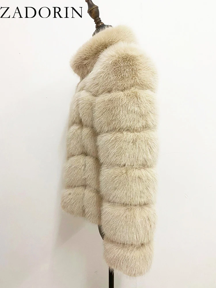 ZADORIN Winter Fur Coats Women Stand Collar Splicing Long Sleeve Fluffy Faux Fur Coat Luxury Thick Warm Fur Jacket Chic Overcoat