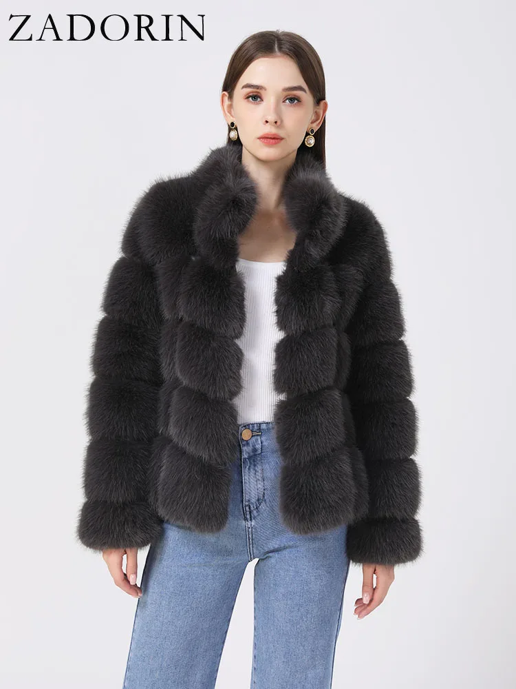 ZADORIN Winter Fur Coats Women Stand Collar Splicing Long Sleeve Fluffy Faux Fur Coat Luxury Thick Warm Fur Jacket Chic Overcoat