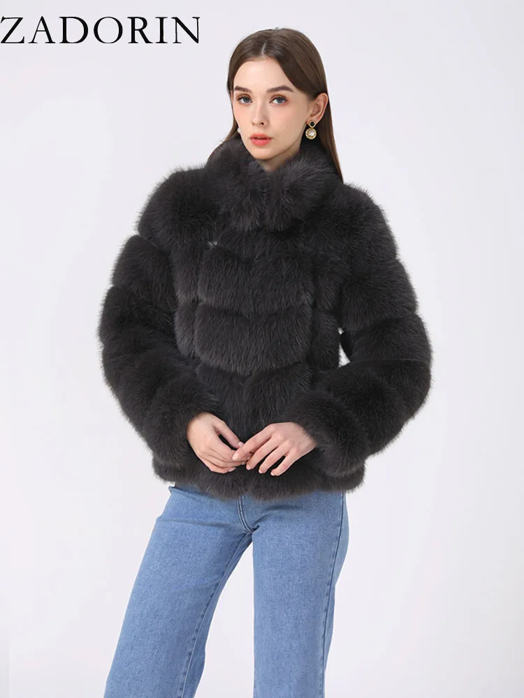 ZADORIN Winter Fur Coats Women Stand Collar Splicing Long Sleeve Fluffy Faux Fur Coat Luxury Thick Warm Fur Jacket Chic Overcoat