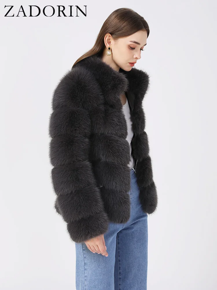 ZADORIN Winter Fur Coats Women Stand Collar Splicing Long Sleeve Fluffy Faux Fur Coat Luxury Thick Warm Fur Jacket Chic Overcoat