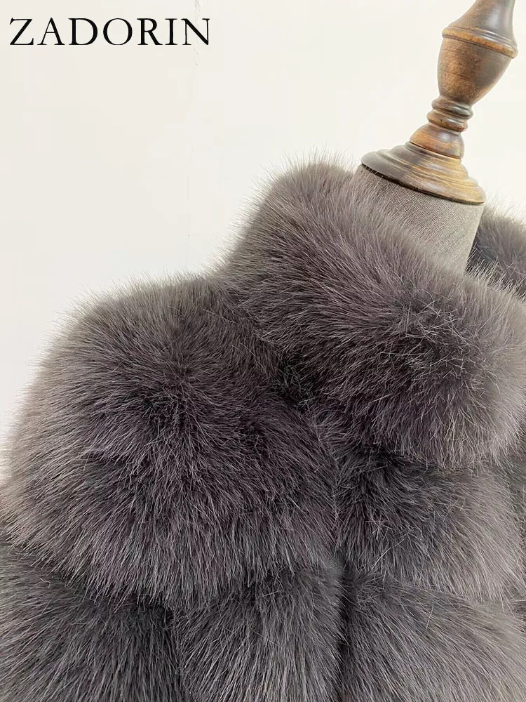 ZADORIN Winter Fur Coats Women Stand Collar Splicing Long Sleeve Fluffy Faux Fur Coat Luxury Thick Warm Fur Jacket Chic Overcoat