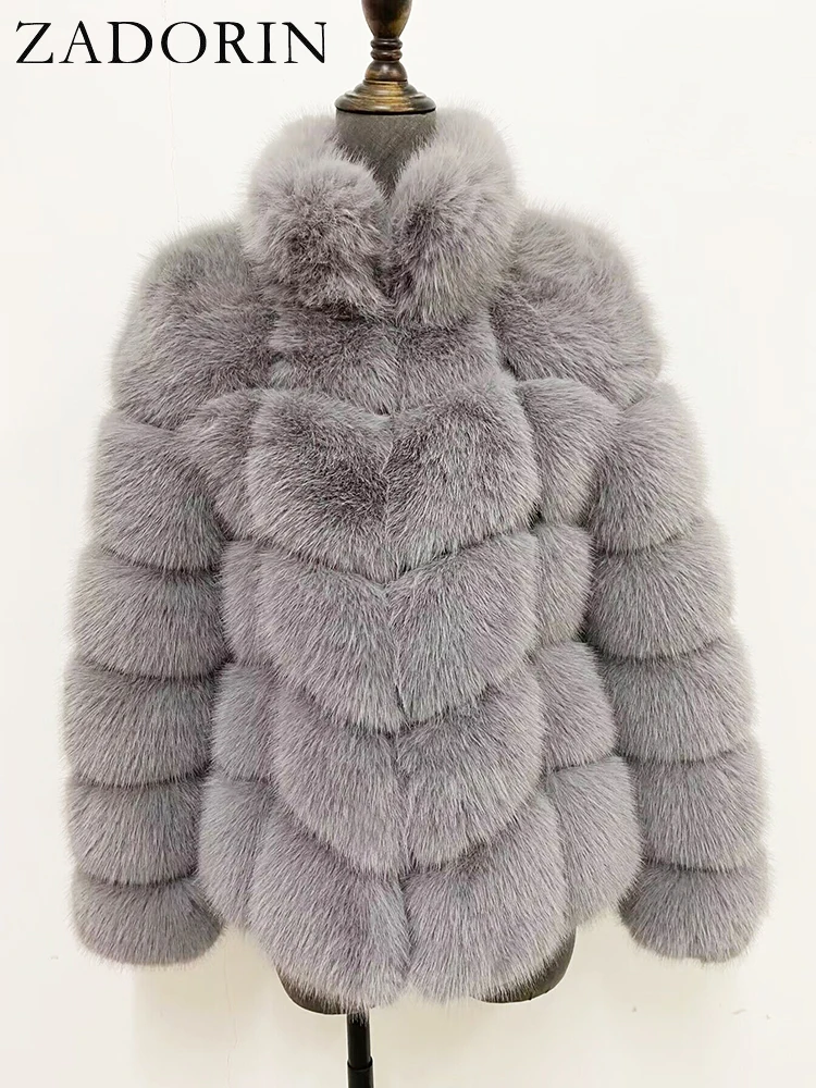 ZADORIN Winter Fur Coats Women Stand Collar Splicing Long Sleeve Fluffy Faux Fur Coat Luxury Thick Warm Fur Jacket Chic Overcoat