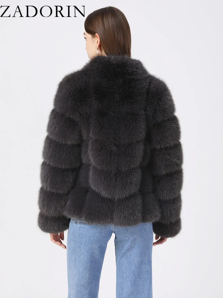 ZADORIN Winter Fur Coats Women Stand Collar Splicing Long Sleeve Fluffy Faux Fur Coat Luxury Thick Warm Fur Jacket Chic Overcoat