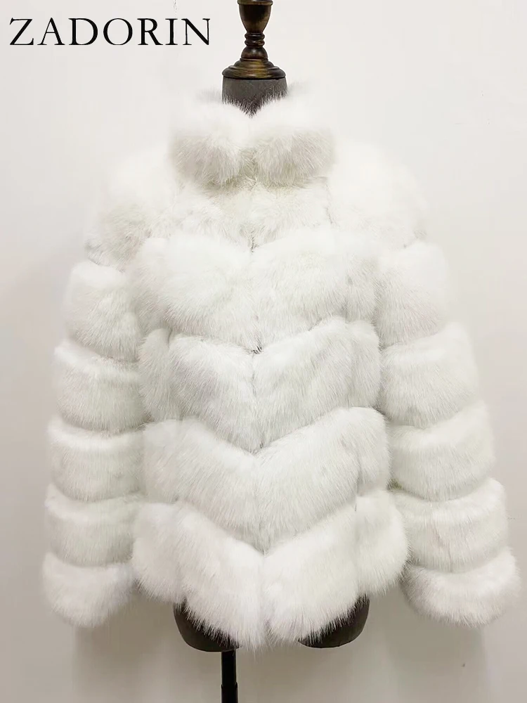 ZADORIN Winter Fur Coats Women Stand Collar Splicing Long Sleeve Fluffy Faux Fur Coat Luxury Thick Warm Fur Jacket Chic Overcoat