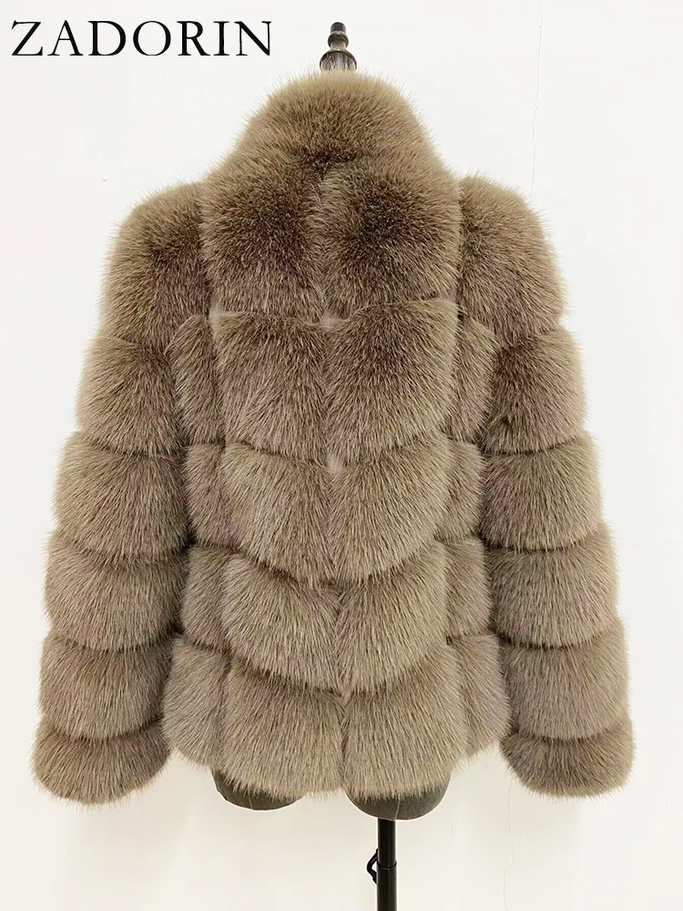 ZADORIN Winter Fur Coats Women Stand Collar Splicing Long Sleeve Fluffy Faux Fur Coat Luxury Thick Warm Fur Jacket Chic Overcoat