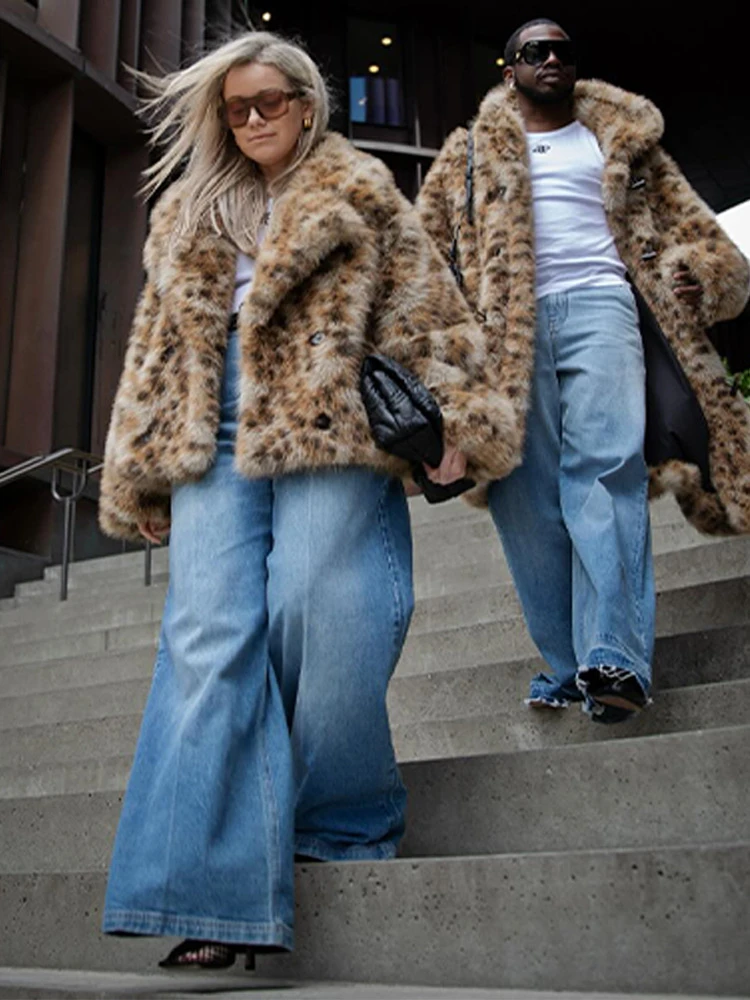 LIMO Ladies Leopard Faux Fur Jacket Turn‑Down Collar Open Front Casual Loose Fit Fashion Plush Outer Coat