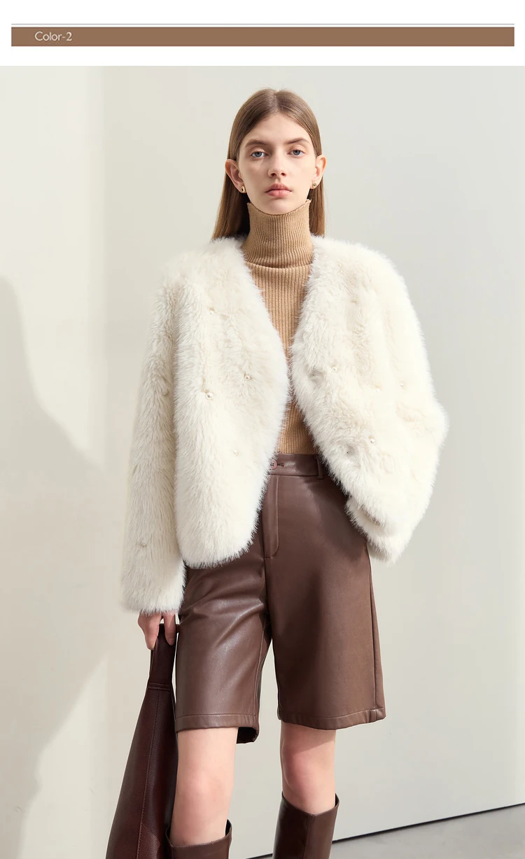 AMII Minimalist 2026 Winter New Women's Commuter V-neck Handmade Beaded Imitation Mink Fur Loose Warm Plush Jacket 12424021