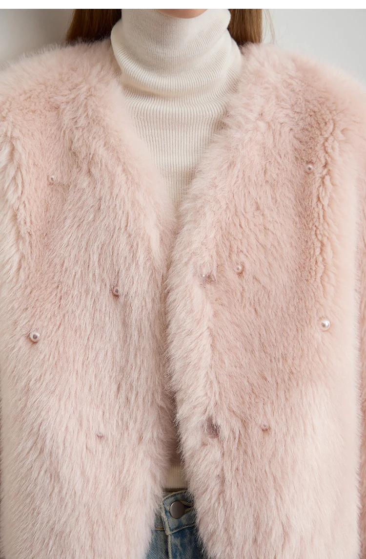 AMII Minimalist 2026 Winter New Women's Commuter V-neck Handmade Beaded Imitation Mink Fur Loose Warm Plush Jacket 12424021