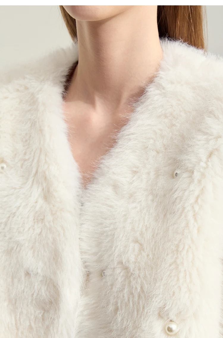 AMII Minimalist 2026 Winter New Women's Commuter V-neck Handmade Beaded Imitation Mink Fur Loose Warm Plush Jacket 12424021