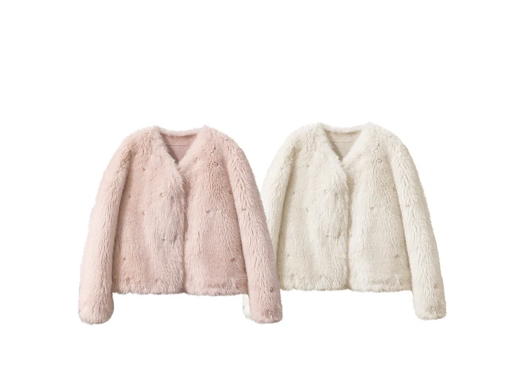 AMII Minimalist 2026 Winter New Women's Commuter V-neck Handmade Beaded Imitation Mink Fur Loose Warm Plush Jacket 12424021