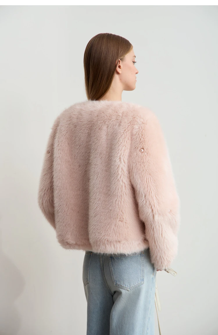 AMII Minimalist 2026 Winter New Women's Commuter V-neck Handmade Beaded Imitation Mink Fur Loose Warm Plush Jacket 12424021