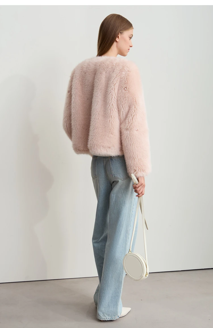 AMII Minimalist 2026 Winter New Women's Commuter V-neck Handmade Beaded Imitation Mink Fur Loose Warm Plush Jacket 12424021