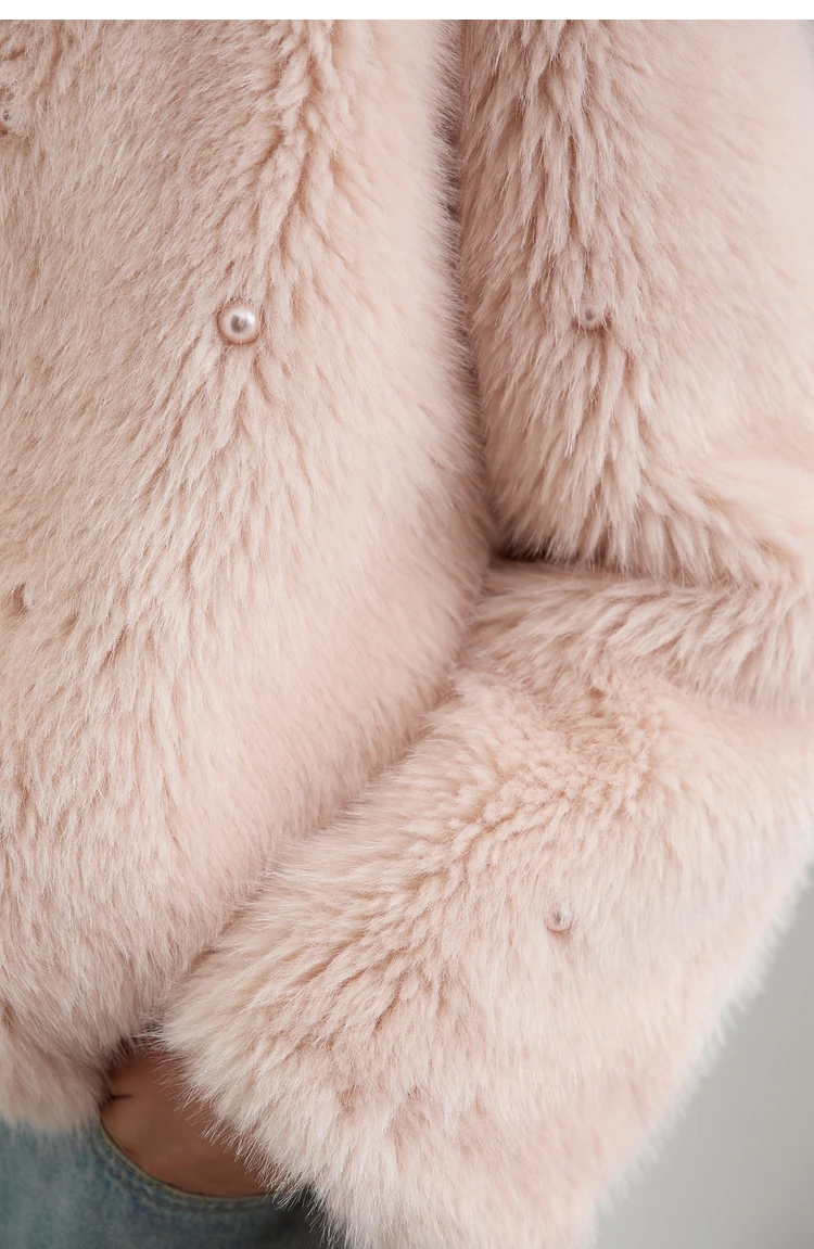 AMII Minimalist 2026 Winter New Women's Commuter V-neck Handmade Beaded Imitation Mink Fur Loose Warm Plush Jacket 12424021