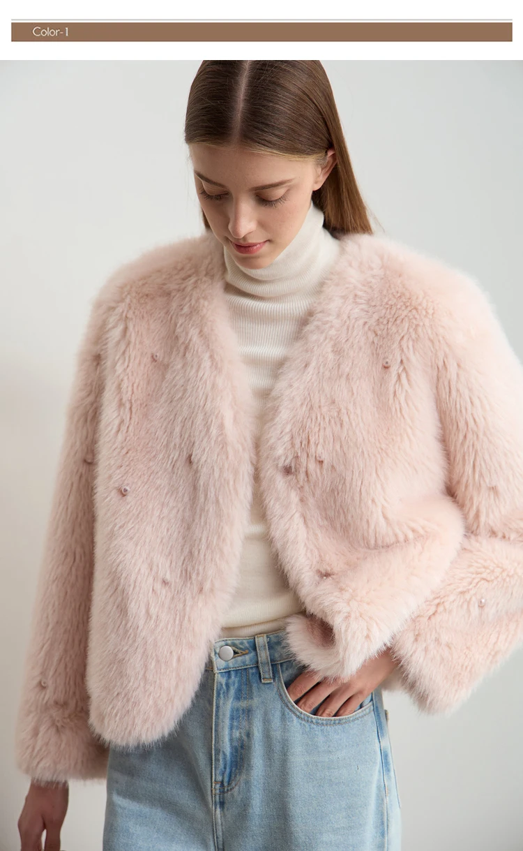 AMII Minimalist 2026 Winter New Women's Commuter V-neck Handmade Beaded Imitation Mink Fur Loose Warm Plush Jacket 12424021