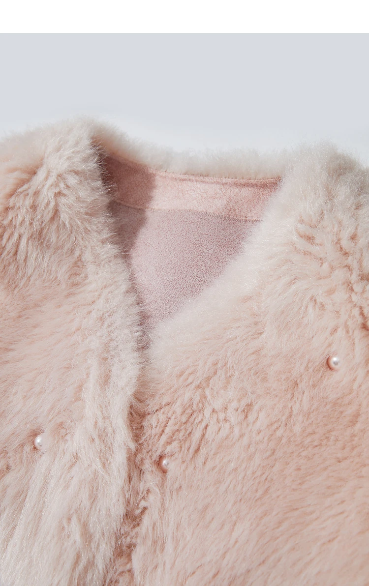 AMII Minimalist 2026 Winter New Women's Commuter V-neck Handmade Beaded Imitation Mink Fur Loose Warm Plush Jacket 12424021