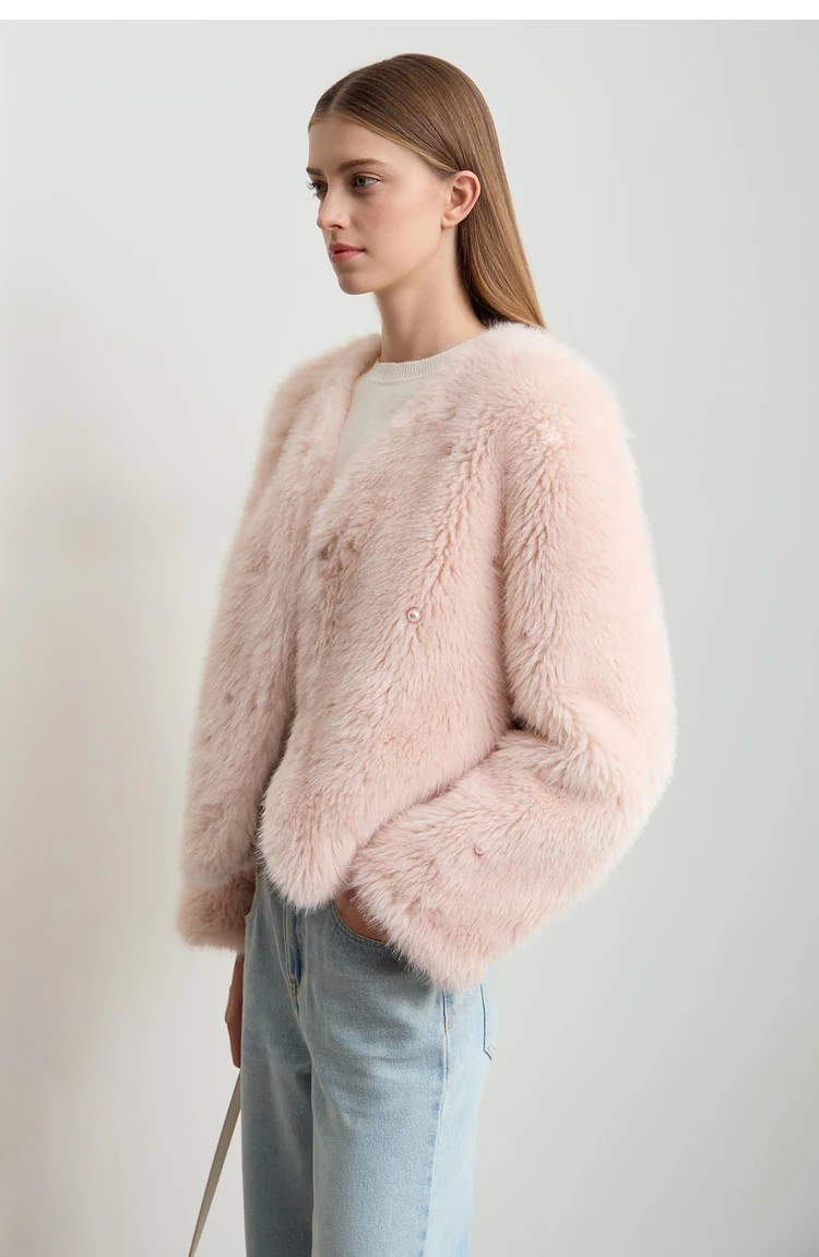 AMII Minimalist 2026 Winter New Women's Commuter V-neck Handmade Beaded Imitation Mink Fur Loose Warm Plush Jacket 12424021