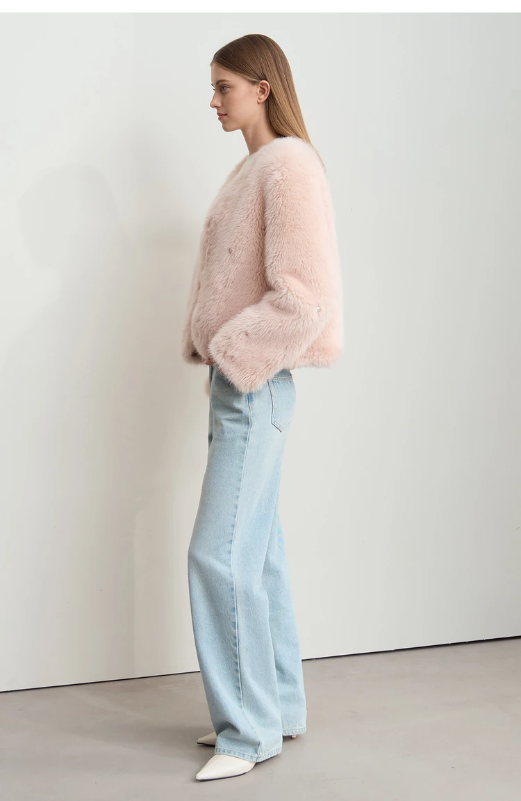 AMII Minimalist 2026 Winter New Women's Commuter V-neck Handmade Beaded Imitation Mink Fur Loose Warm Plush Jacket 12424021