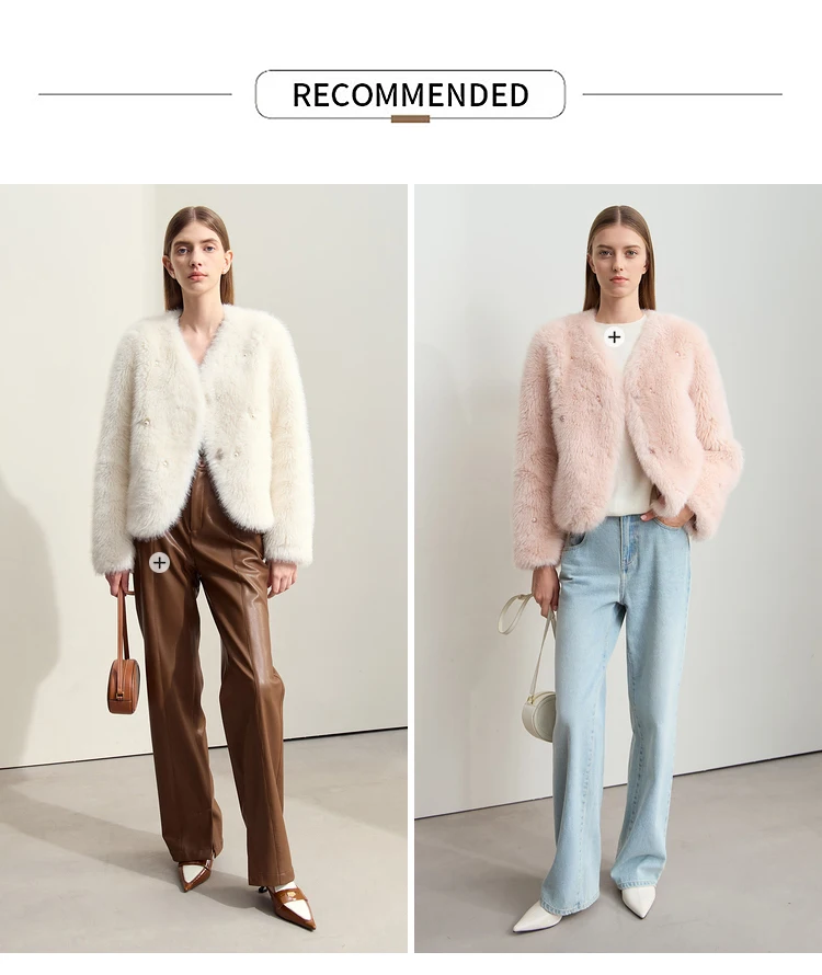 AMII Minimalist 2026 Winter New Women's Commuter V-neck Handmade Beaded Imitation Mink Fur Loose Warm Plush Jacket 12424021