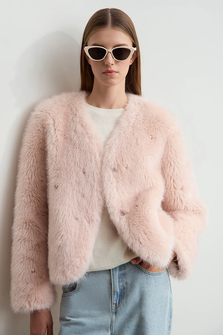 AMII Minimalist 2026 Winter New Women's Commuter V-neck Handmade Beaded Imitation Mink Fur Loose Warm Plush Jacket 12424021