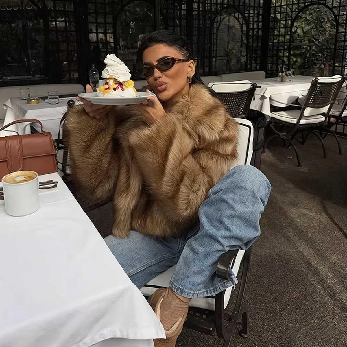 Women Winter 2026 Faux Fur Coat Camel Fluffy Plush Cropped Jacket Open Front Outwear