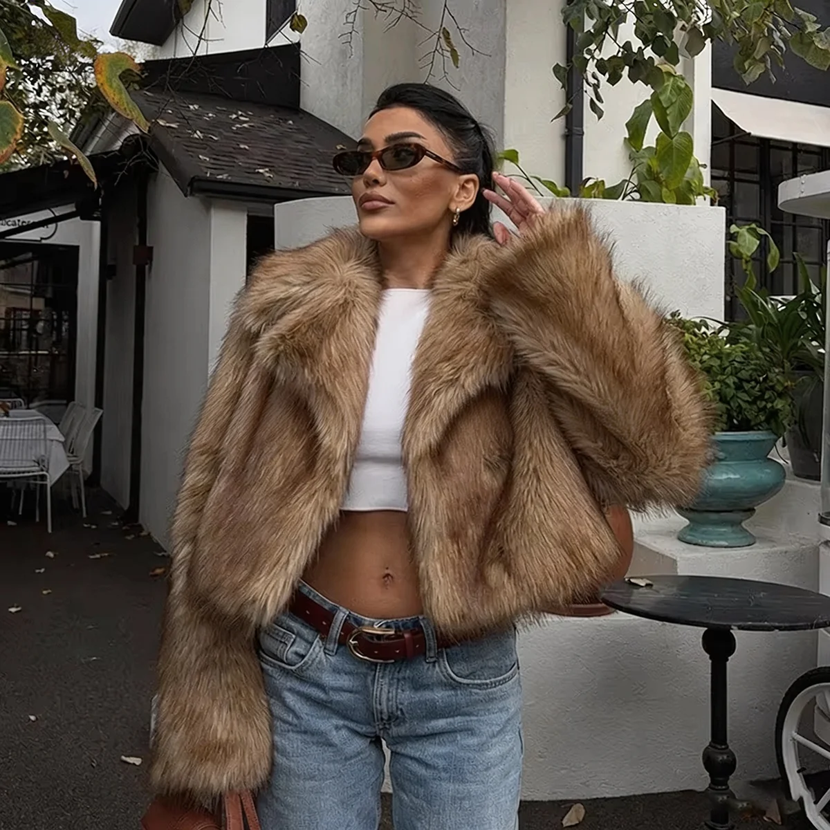 Women Winter 2026 Faux Fur Coat Camel Fluffy Plush Cropped Jacket Open Front Outwear