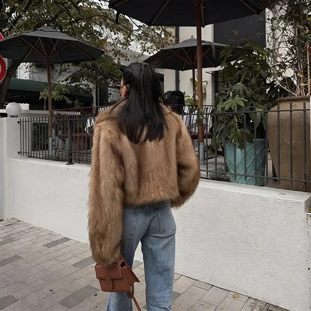 Women Winter 2026 Faux Fur Coat Camel Fluffy Plush Cropped Jacket Open Front Outwear