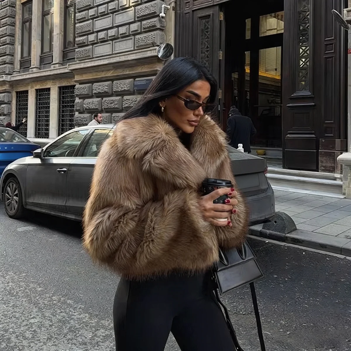 Women Winter 2026 Faux Fur Coat Camel Fluffy Plush Cropped Jacket Open Front Outwear