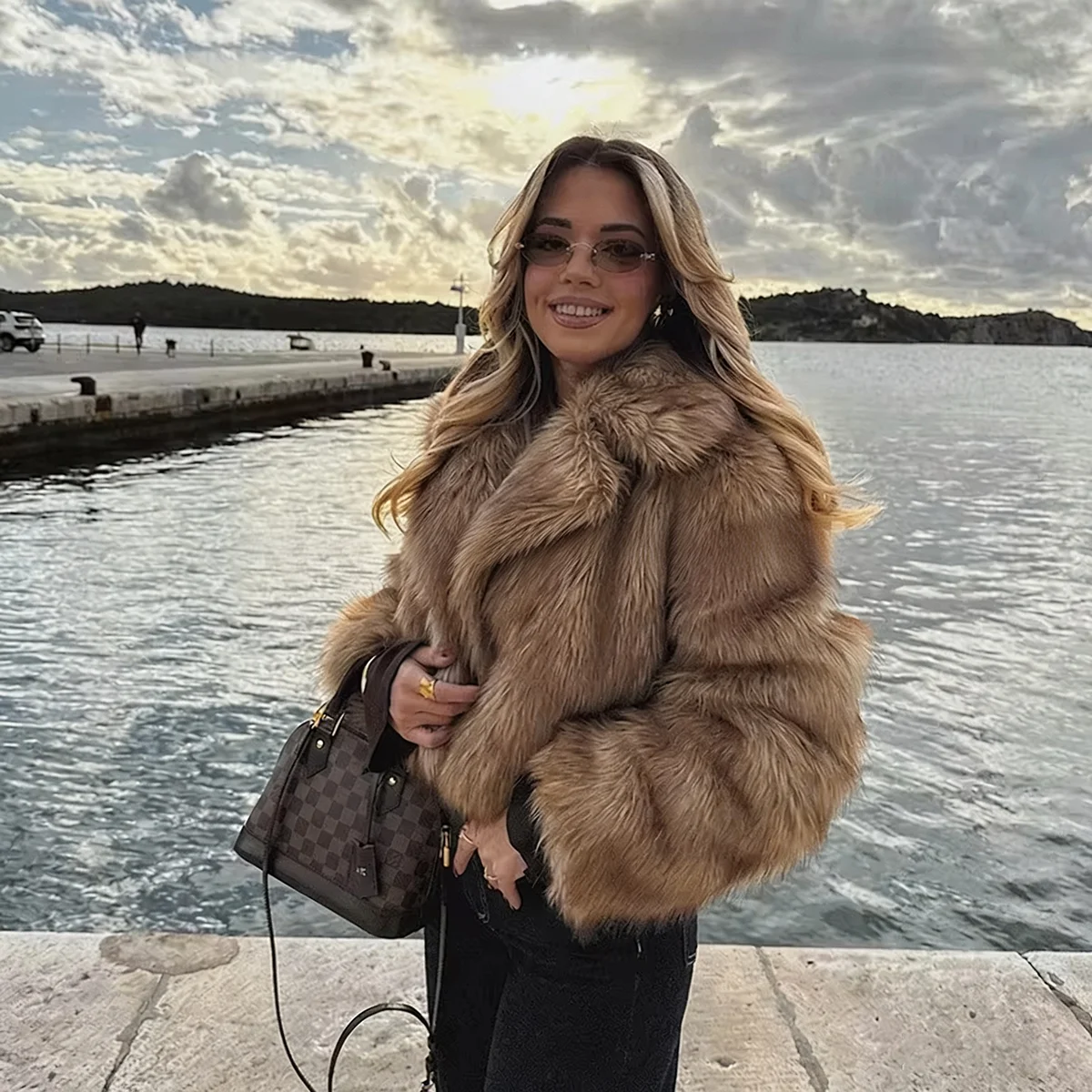 Women Winter 2026 Faux Fur Coat Camel Fluffy Plush Cropped Jacket Open Front Outwear